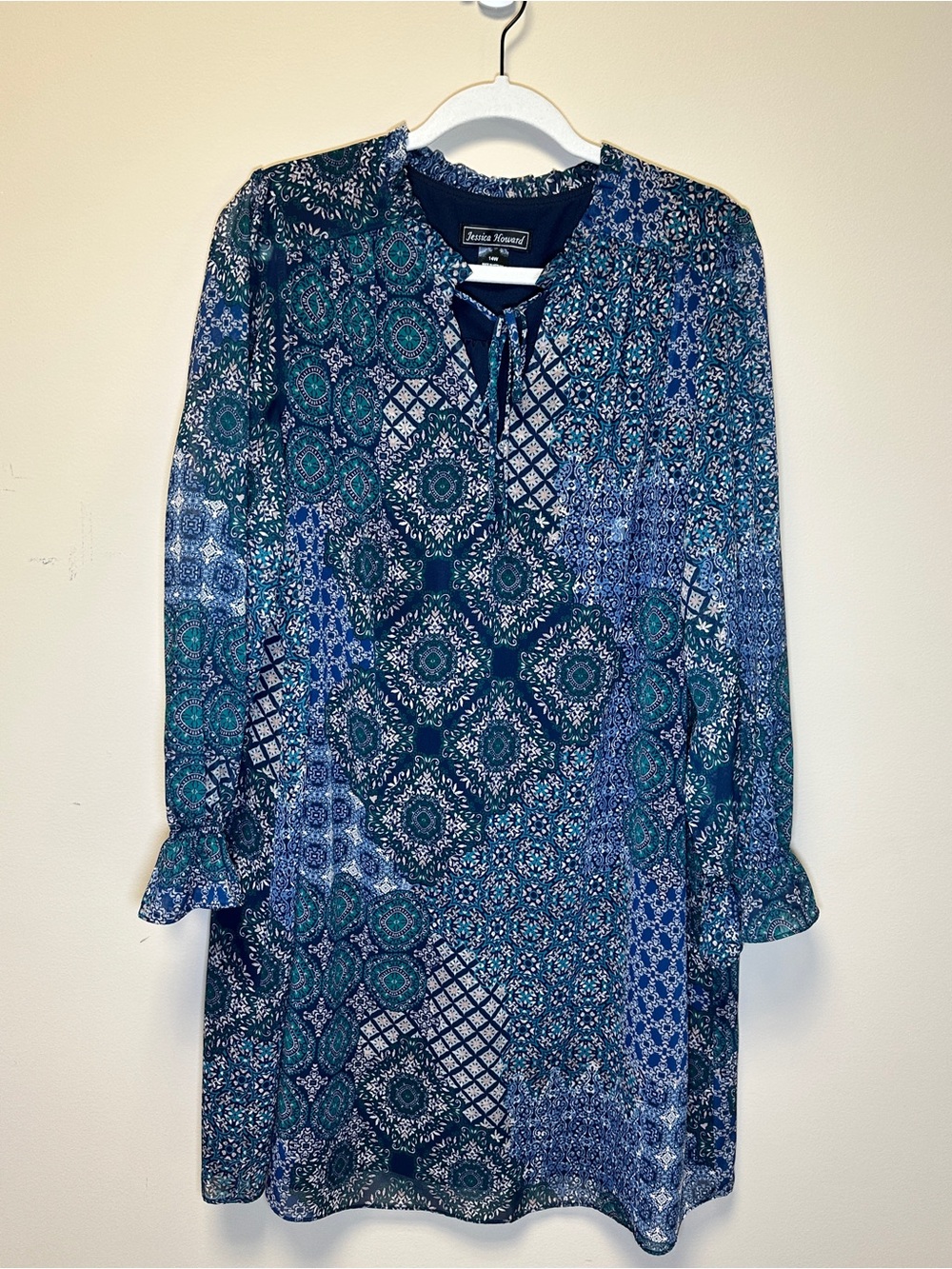 Jessica Howard Navy & Teal Patchwork Print Long-Sleeve Dress 14W